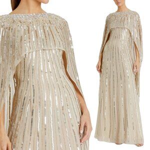$798 Mac Duggal 93869 Size 10 Champagne Gold Sequin Column Cape Gown Maxi Dress